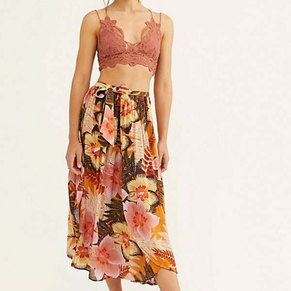 Free People Orange Pink Hawaiian Floral Midi Skirt